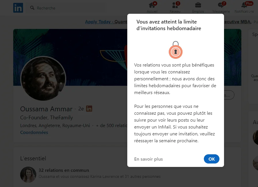 Limite d'invitation hebdomadaire sur LinkedIn