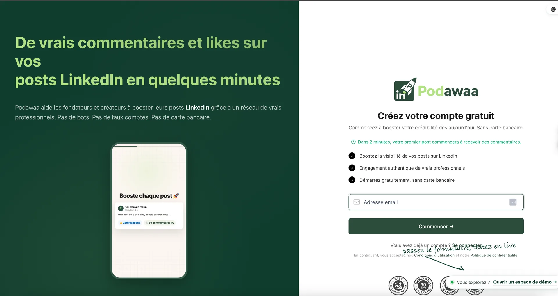 Página inicial do Podawaa com opções para obter comentários e likes reais no LinkedIn
