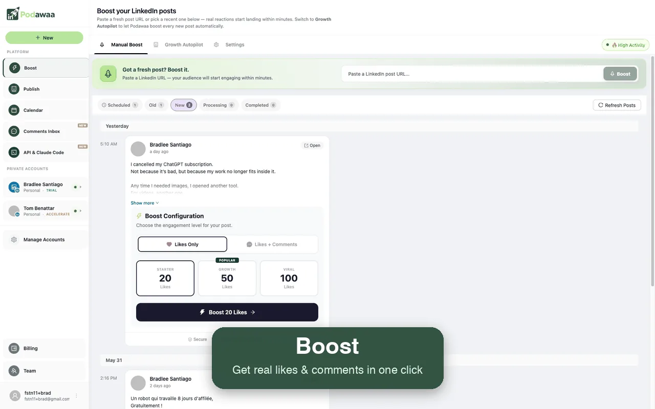 Boost-Ansicht in Podawaa: LinkedIn-Beitrag-URL einfügen und Engagement wählen