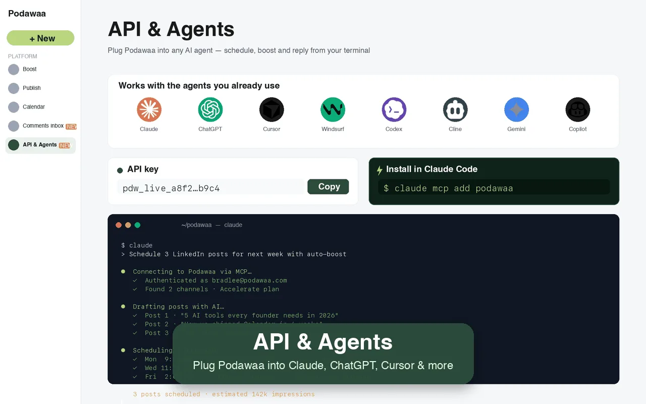 Podawaa-API en Claude Code-integratie: berichten inplannen en boosten vanuit de terminal.