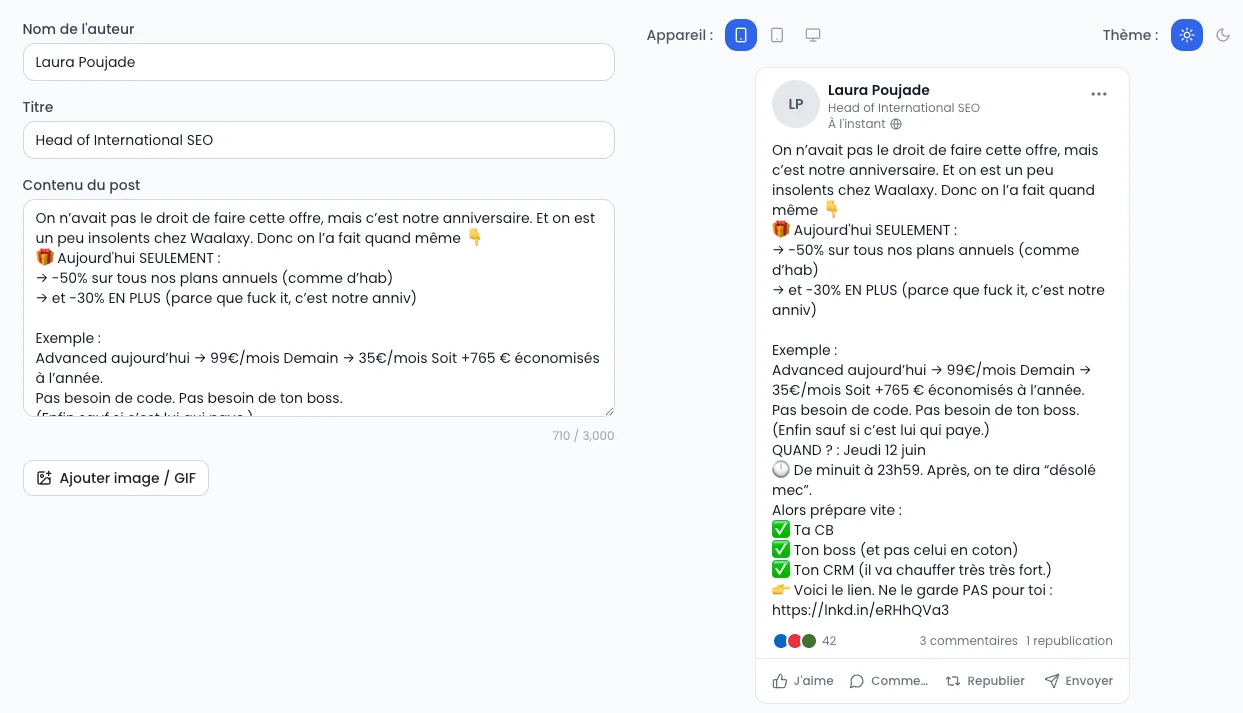 Outil gratuit prévisualisation post linkedin reactin