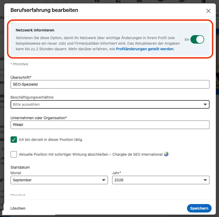 Cancel experience on linkedin de
