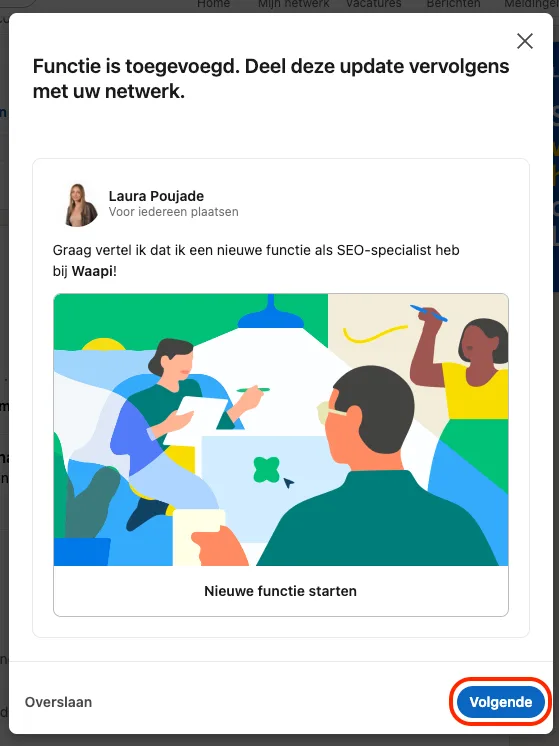 Validation window after adding experience on linkedin nl