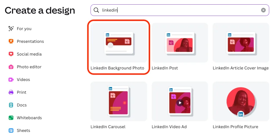 Selecting linkedin banner in canva design creation