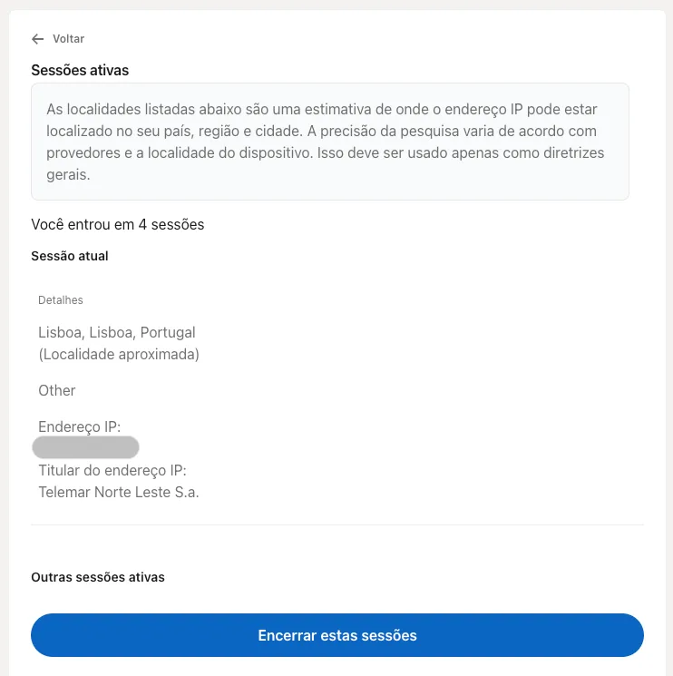 Outras sessões ativas linkedin