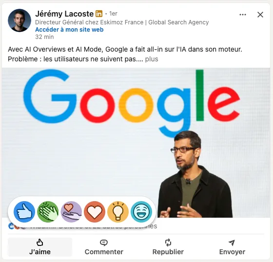 Post linkedin avec émojis de réactions