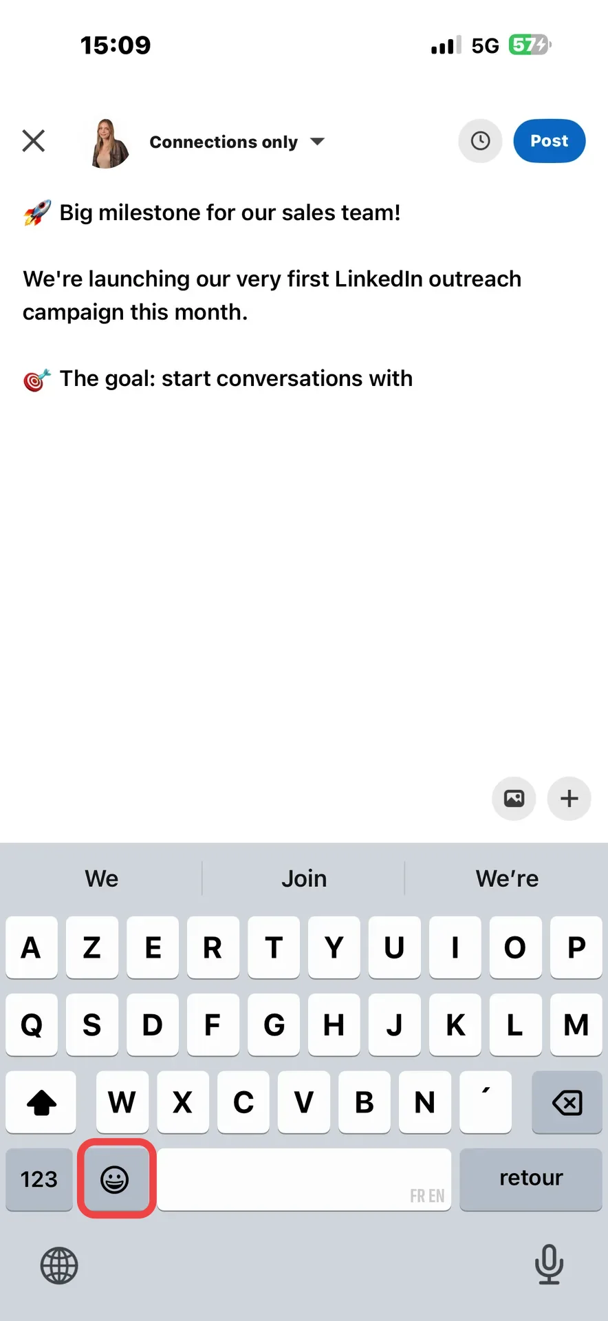 Add en amoji to a linkedin post on phone