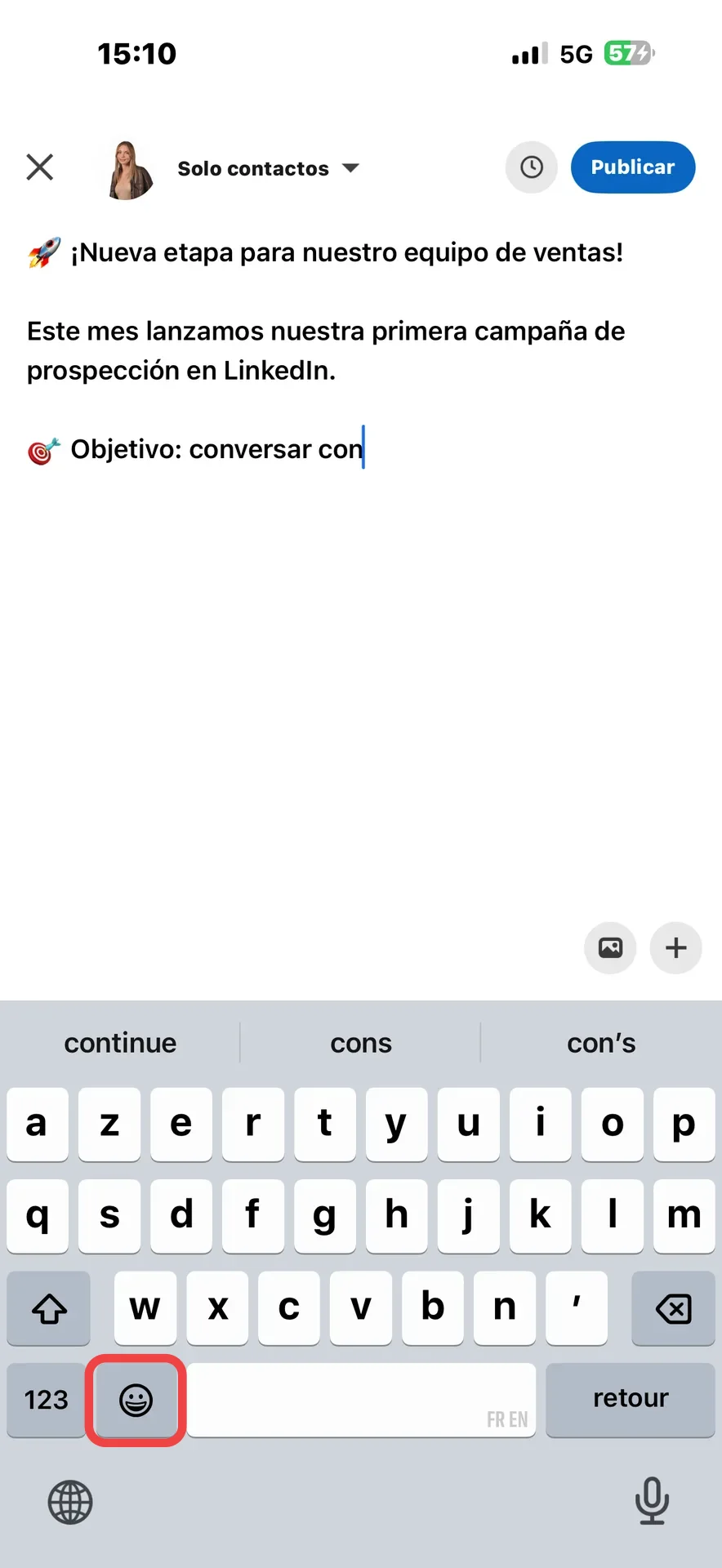 Anadir emojis a un post linkedin con mobile