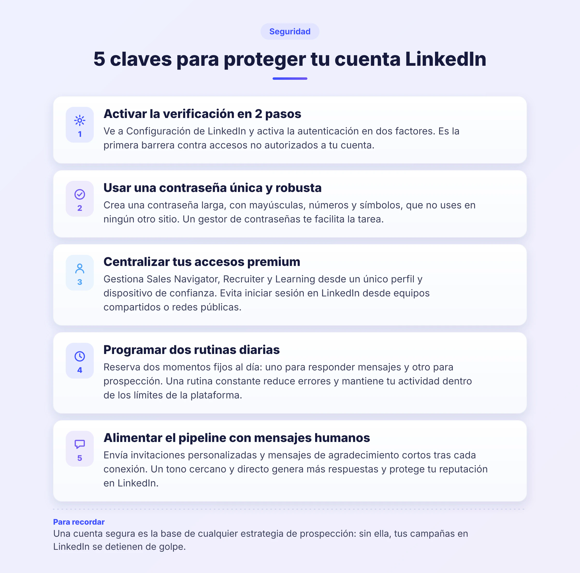 Infografía con 5 pasos en formato checklist para proteger tu cuenta y gestionar el inicio de sesión en LinkedIn de forma segura.