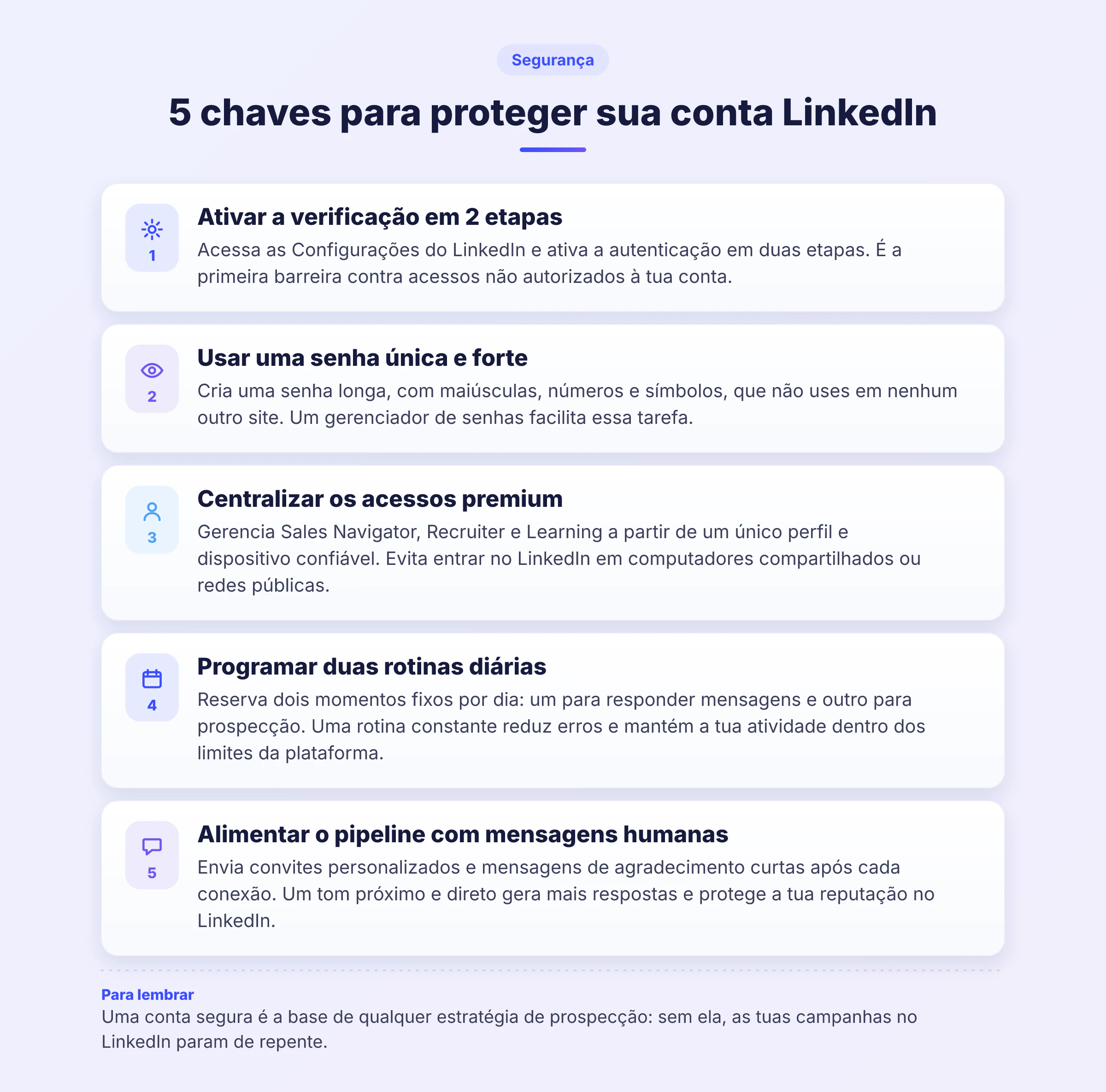 Infográfico com 5 etapas para proteger a conta LinkedIn e entrar no LinkedIn com segurança.