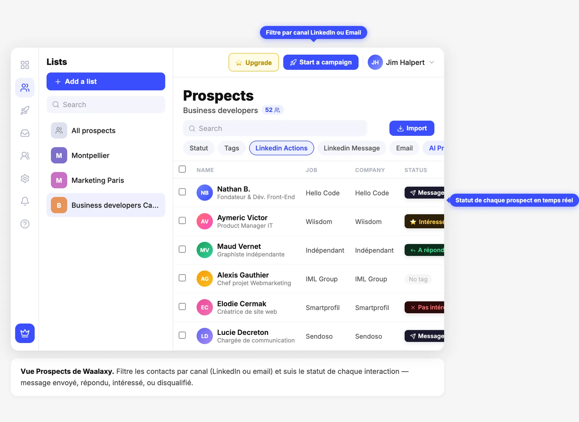 Waalaxy: liste de prospects filtrée par LinkedIn avec statuts de campagne