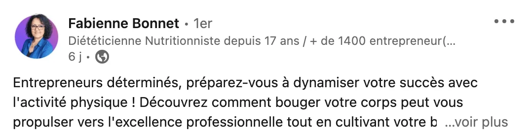 Profil Facebook de Fabienne Bonnet, diététicienne avec 17 ans d'expérience et 1400+ clients entrepreneurs