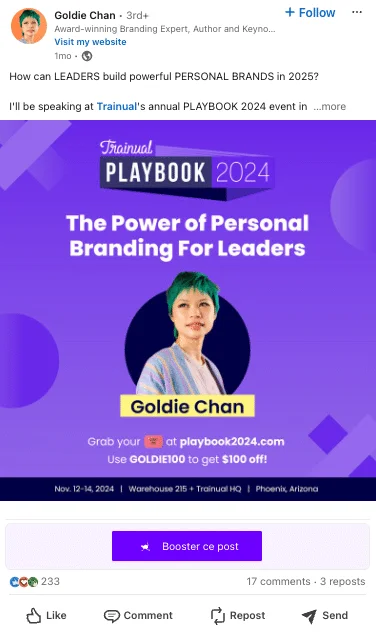 Publicación de Goldie Chan sobre marca personal en LinkedIn, con ejemplo de post en marketing digital