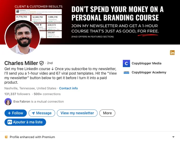 Perfil de LinkedIn de Charles Miller mostrando marca personal en redacción publicitaria