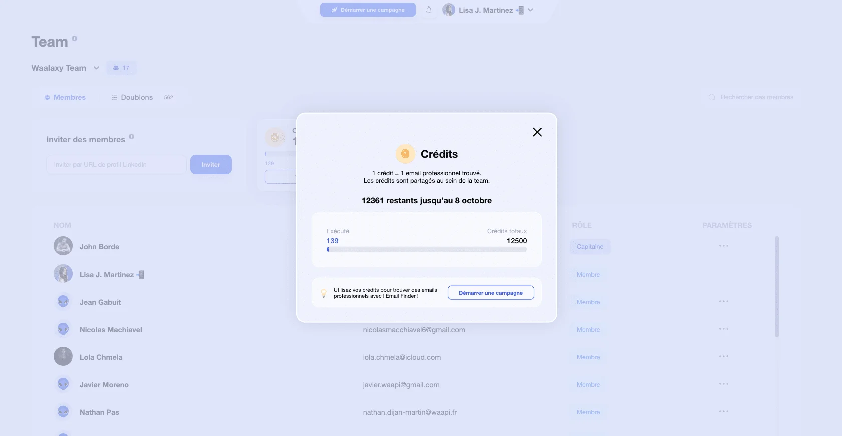 Email Finder Waalaxy: Zähler für Guthaben.