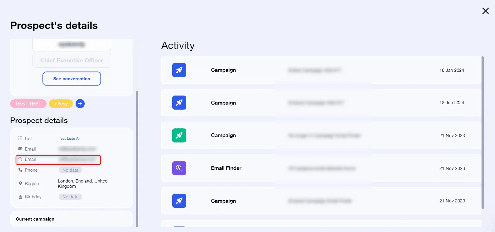 Vue d'un profil client avec des détails et des activités de campagne.