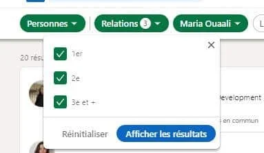 Menu déroulant de filtrage des relations par ordre (1er, 2e, 3e, +) avec bouton Afficher les résultats