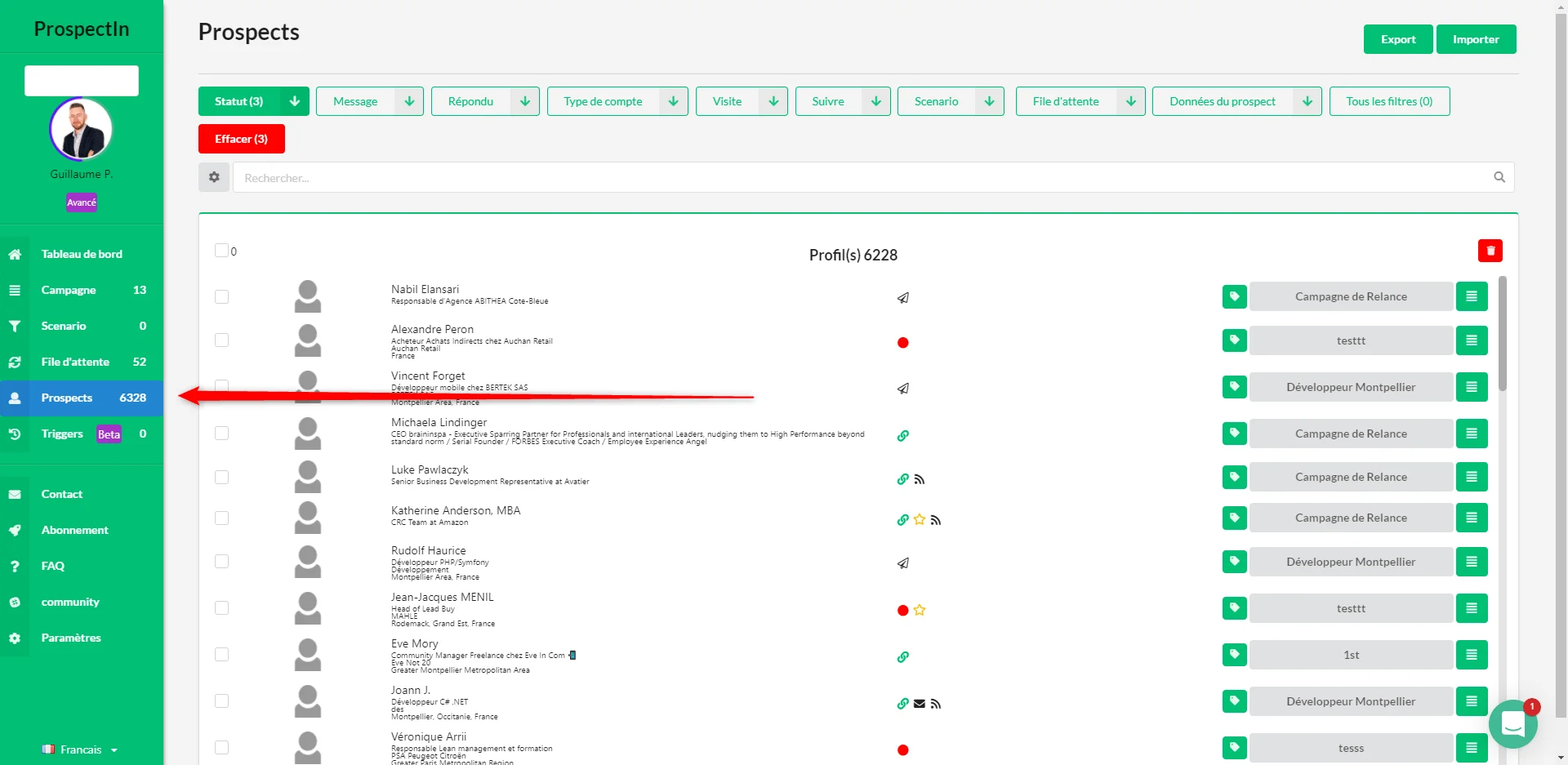 Liste de prospects avec filtres et boutons d'action