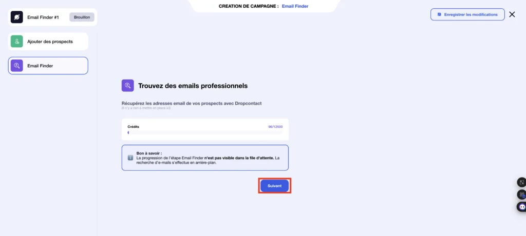 Passaggio Email Finder di Waalaxy con il pulsante "Avanti" evidenziato