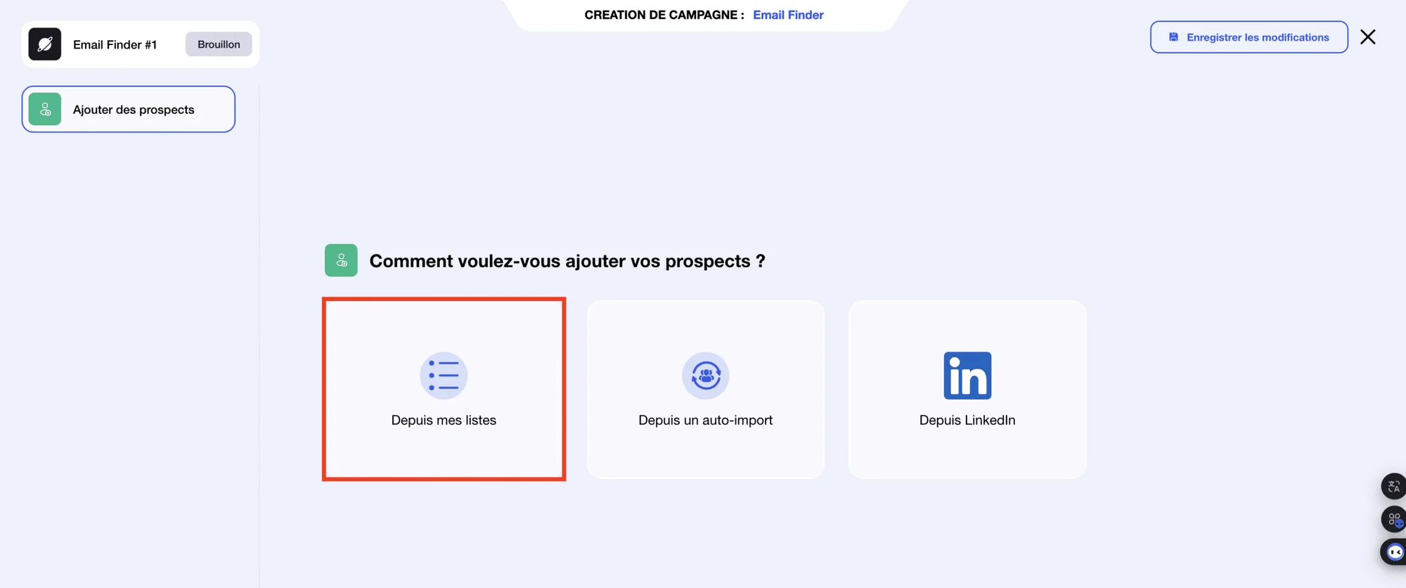 Email Finder : Aggiunta di un elenco di contatti.