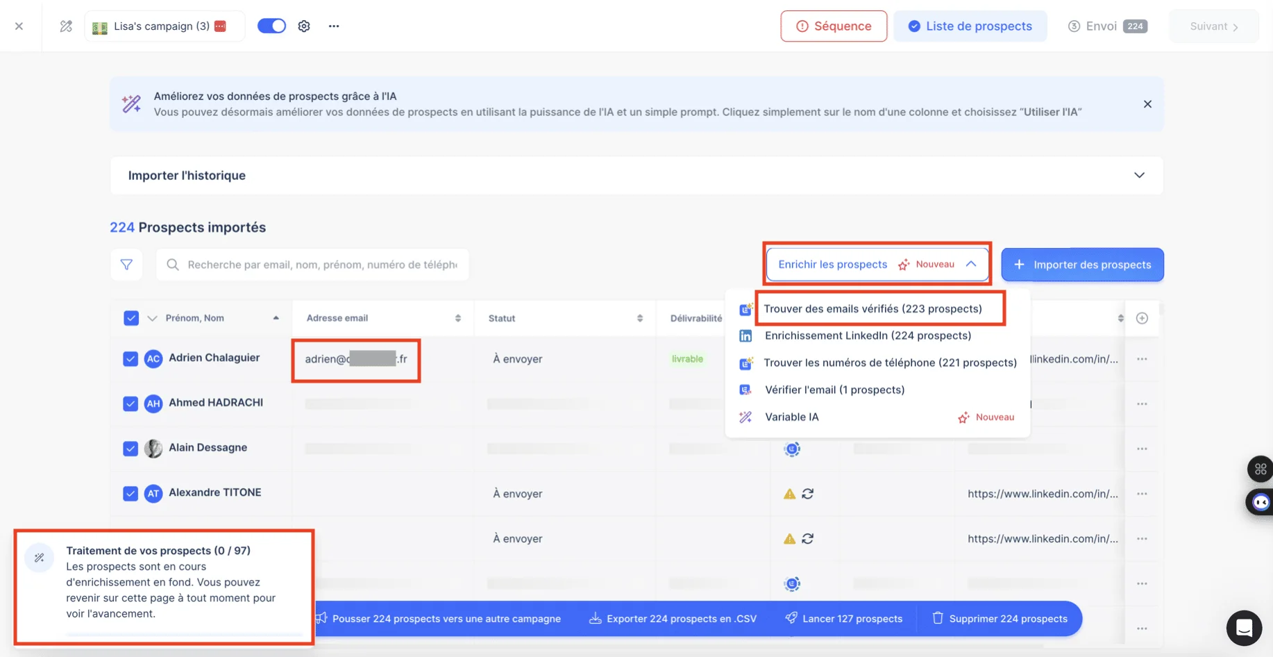 Email Finder Snov.io, enriquecimiento en curso.