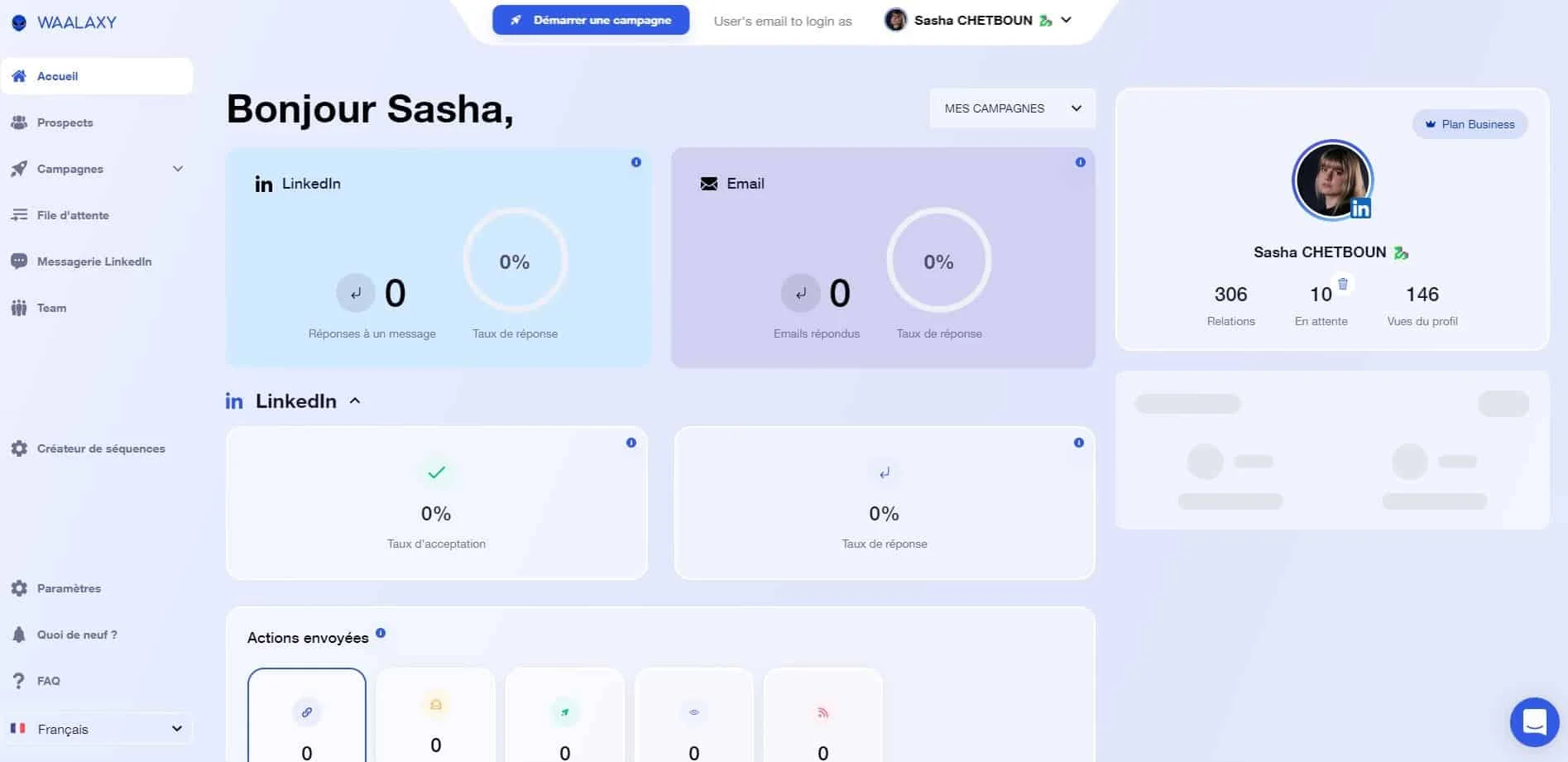 Profil LinkedIn de Sasha Chetboun avec interface de composition de message et statistiques