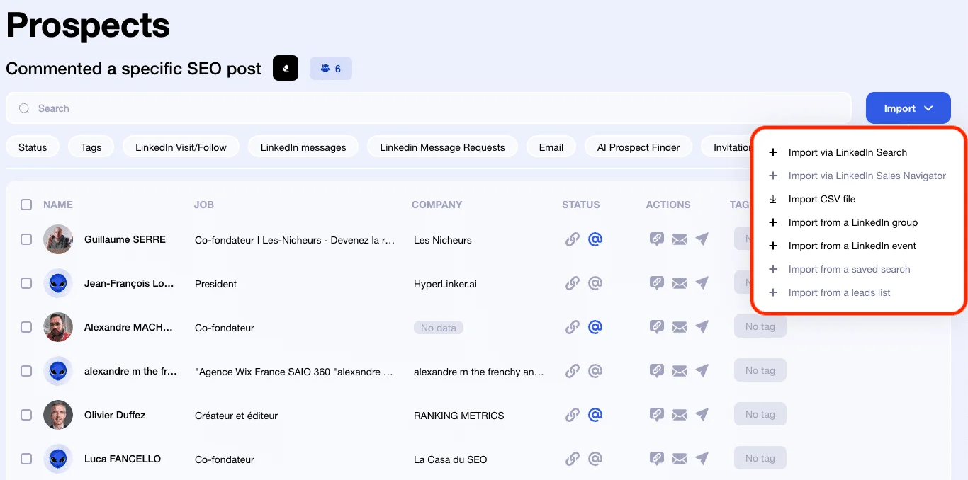Interfaccia per la gestione dei lead e varie modalità di importazione in Waalaxy