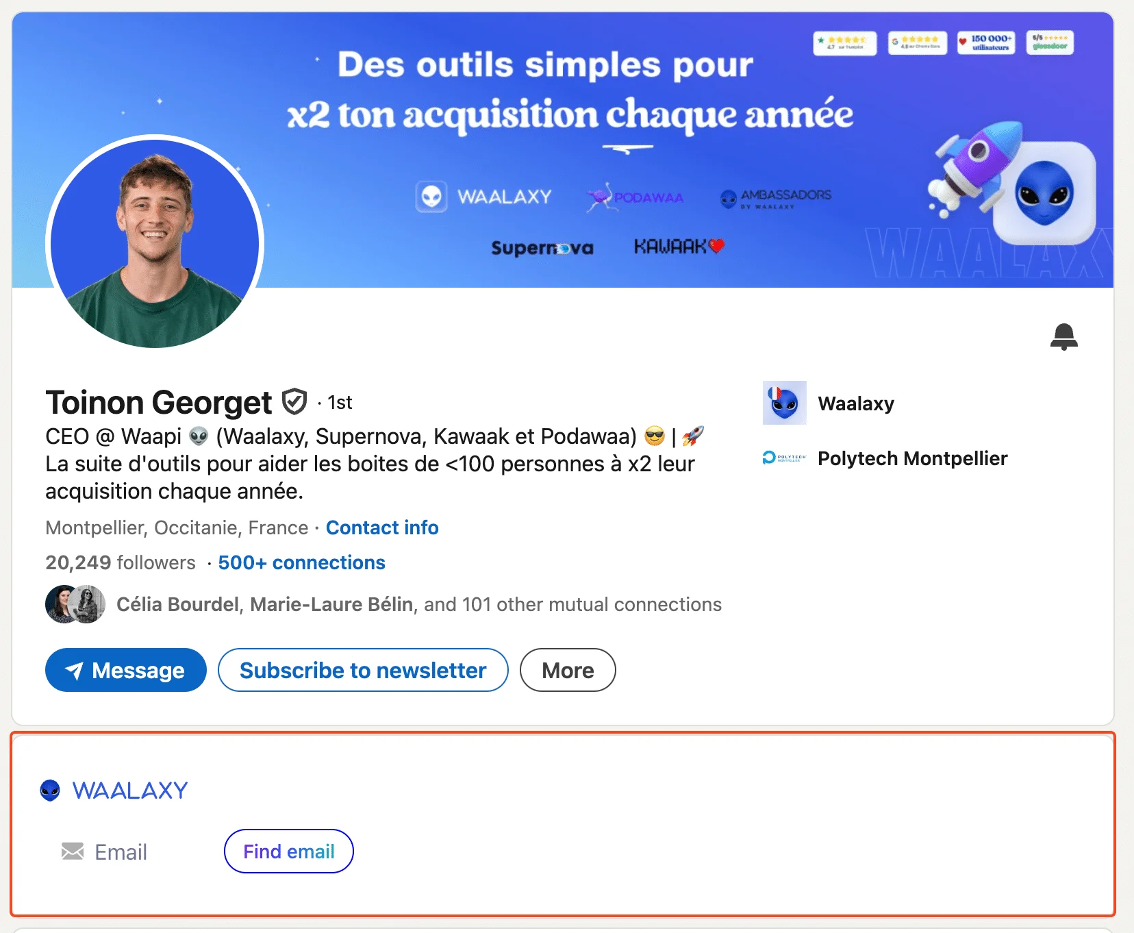 Profil LinkedIn de Toinon Georget, fondateur de Waalaxy et autres plateformes SaaS