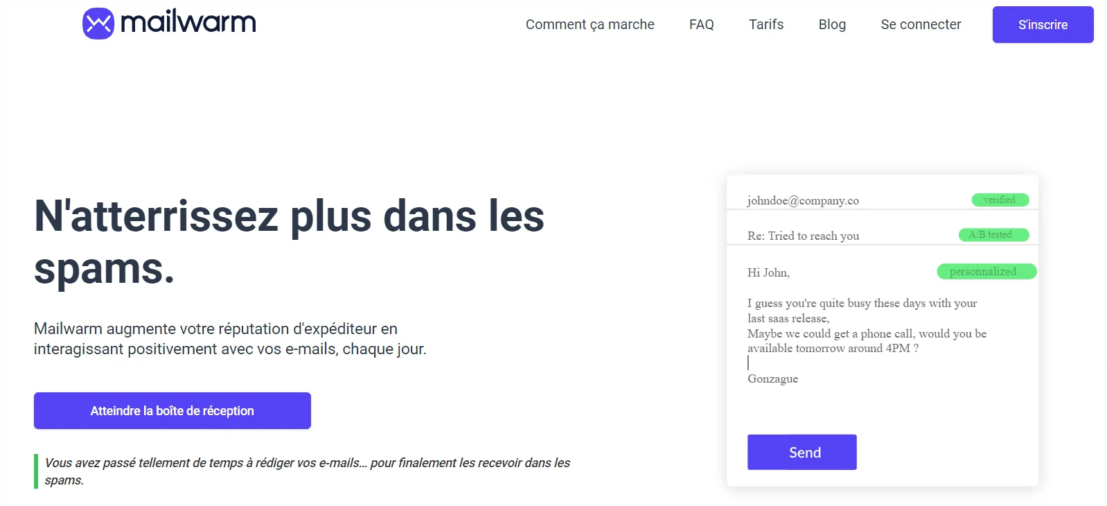 Email en cours d'envoi avec options d'envoi ou d'annulation dans Mailwarm