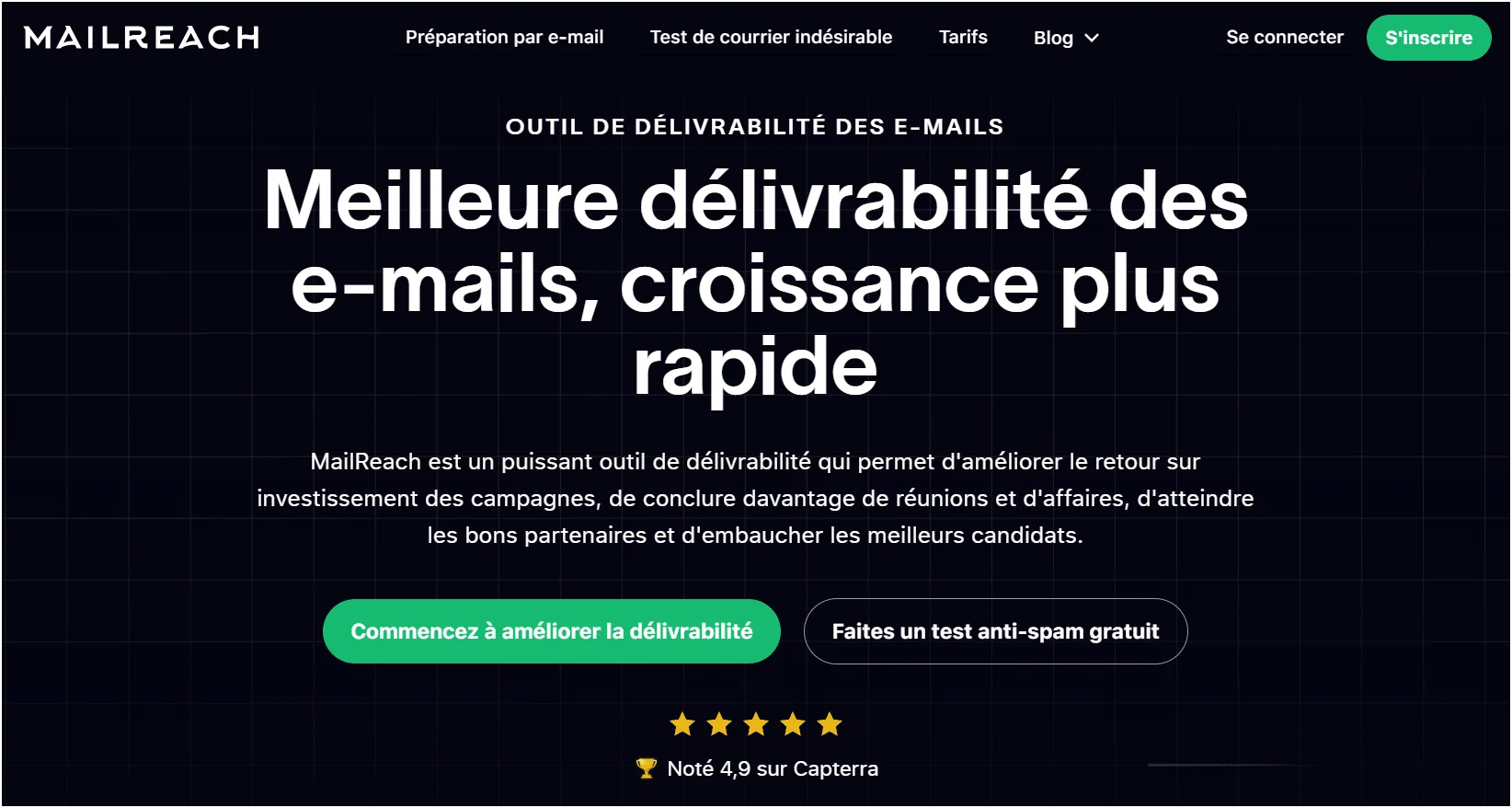 Page d'accueil MailReach avec fonctionnalités de délivrabilité d'e-mails