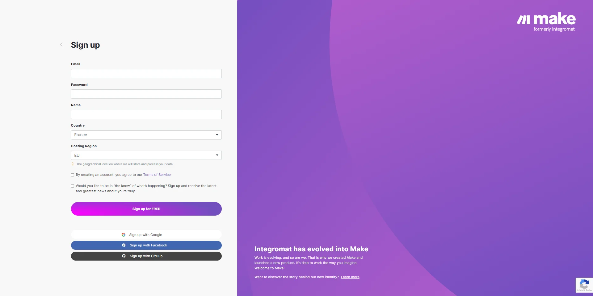 Formulaire de connexion Make avec champs email et mot de passe, options Google et téléphone