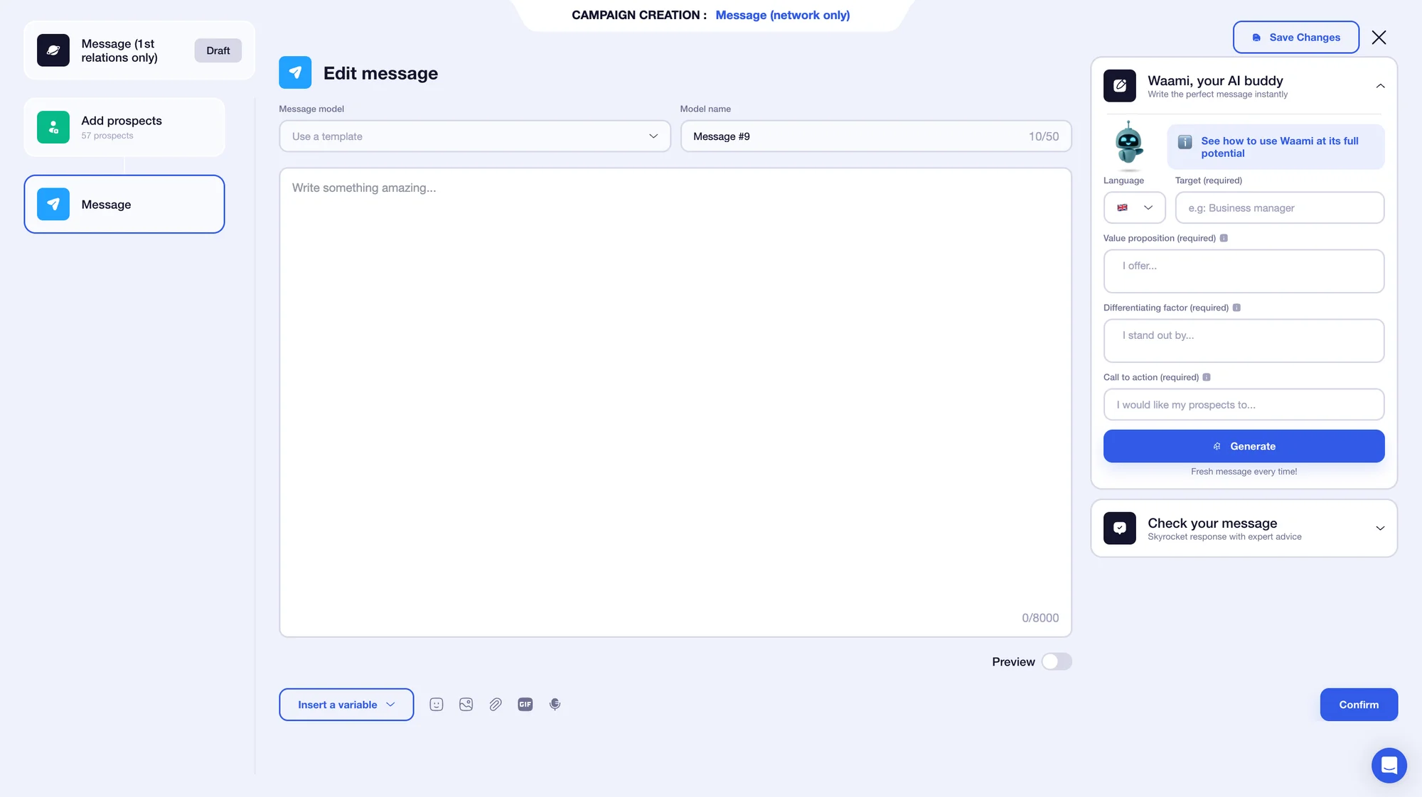 Waalaxy, Waami AI tool edit message