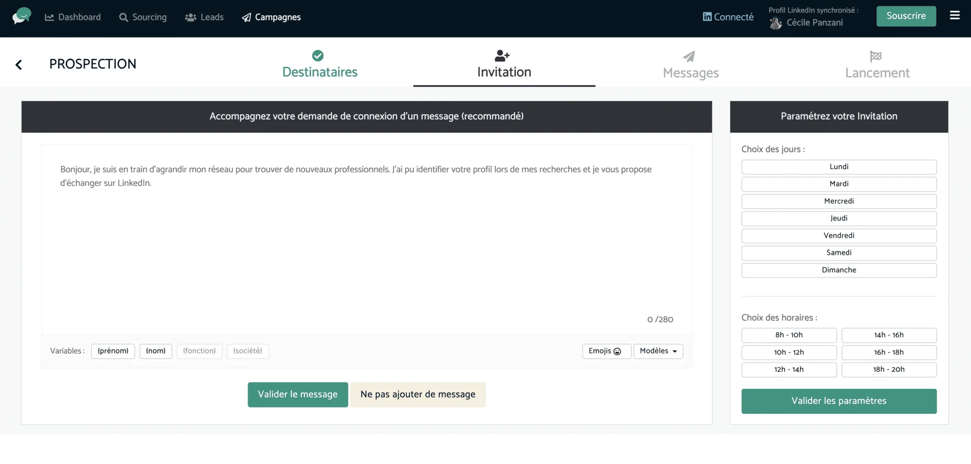Interface de prospection LinkedIn montrant la configuration d'un message d'invitation personnalisé avec paramètres de jour et horaire d'envoi.