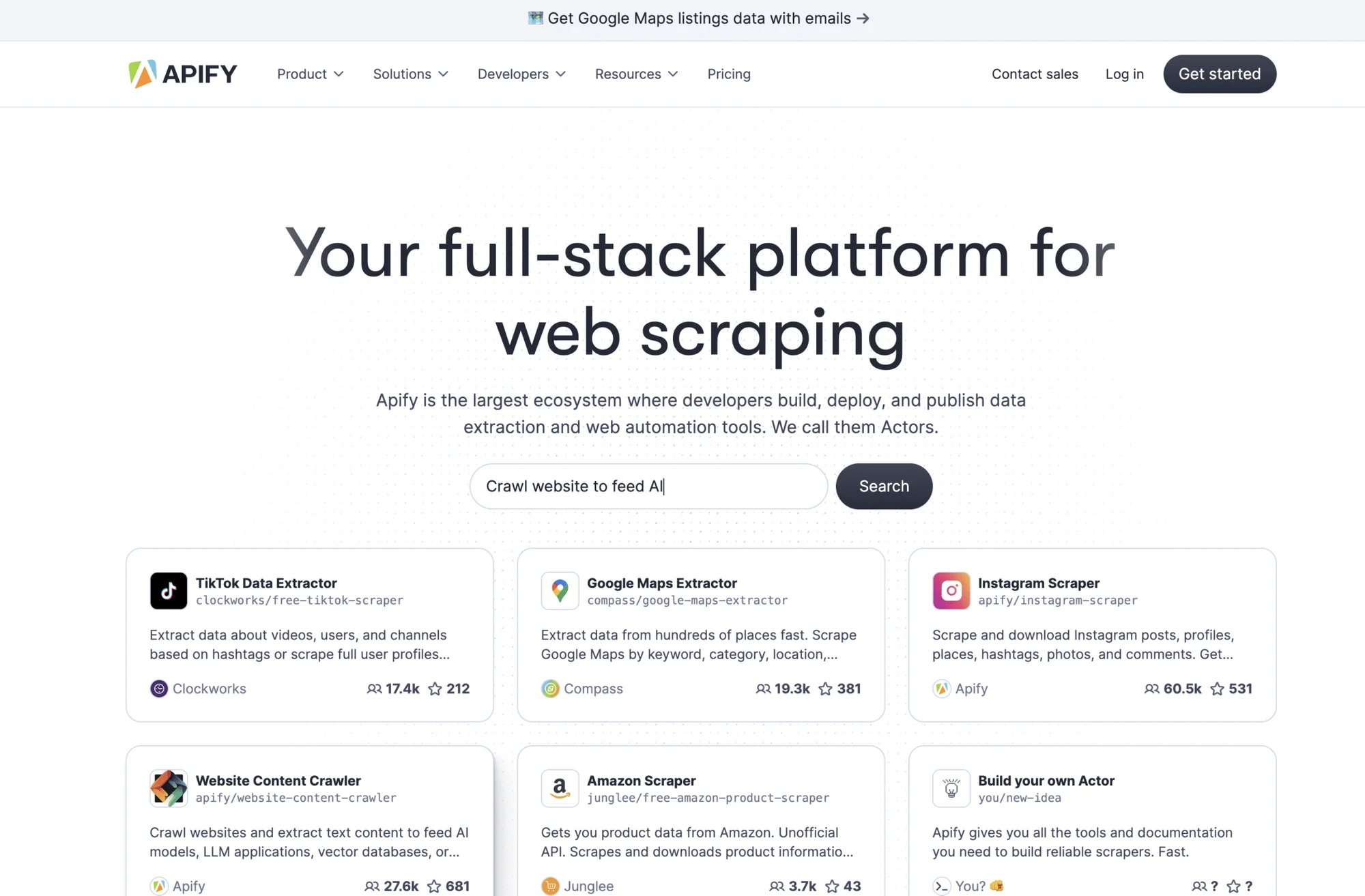 Plateforme Apify affichant des acteurs de scraping web comme TikTok et Google Maps Extractors