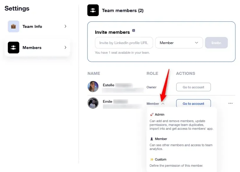 Gestion membres équipe Waalaxy rôles permissions