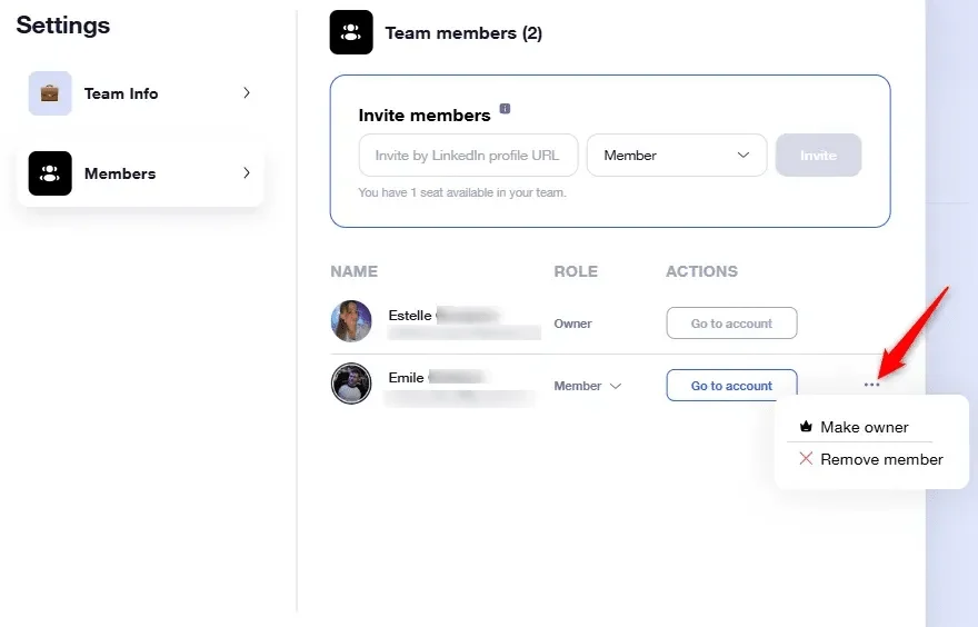 Gestion des membres d'équipe Waalaxy
