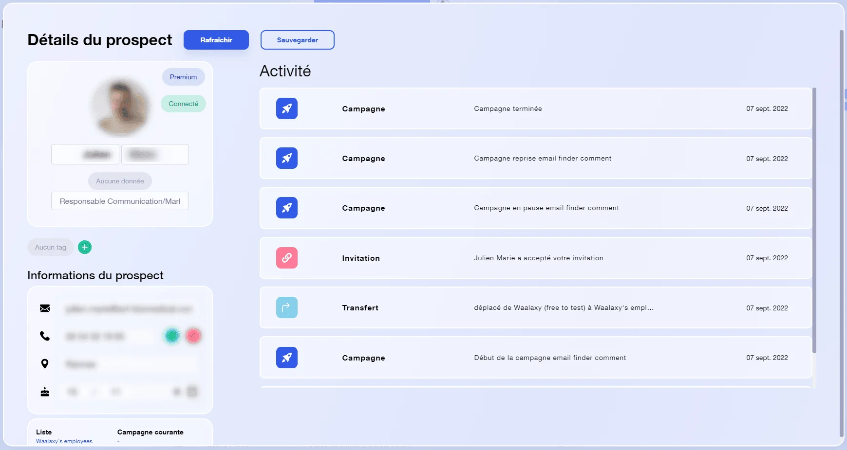 Profil de prospect avec historique d'activités marketing