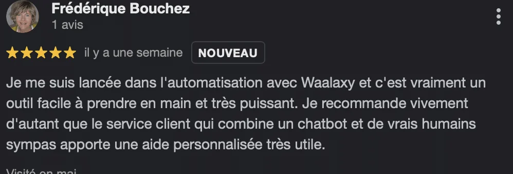 Avis cinq étoiles de Frédérique Bouchez : « Service client de Waalaxy réactif et complet »