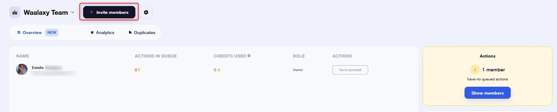 Interface de gestion d'équipe Waalaxy
