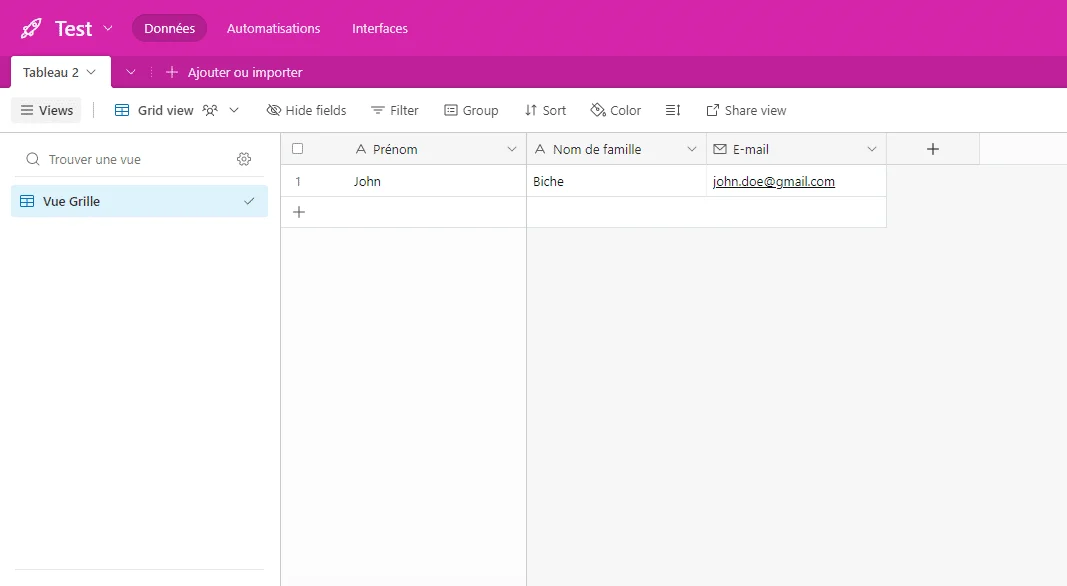 Tableau de contacts avec noms et adresses e-mail