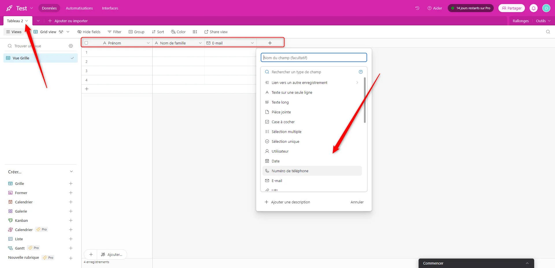 Interface de gestion des tâches avec options de tri