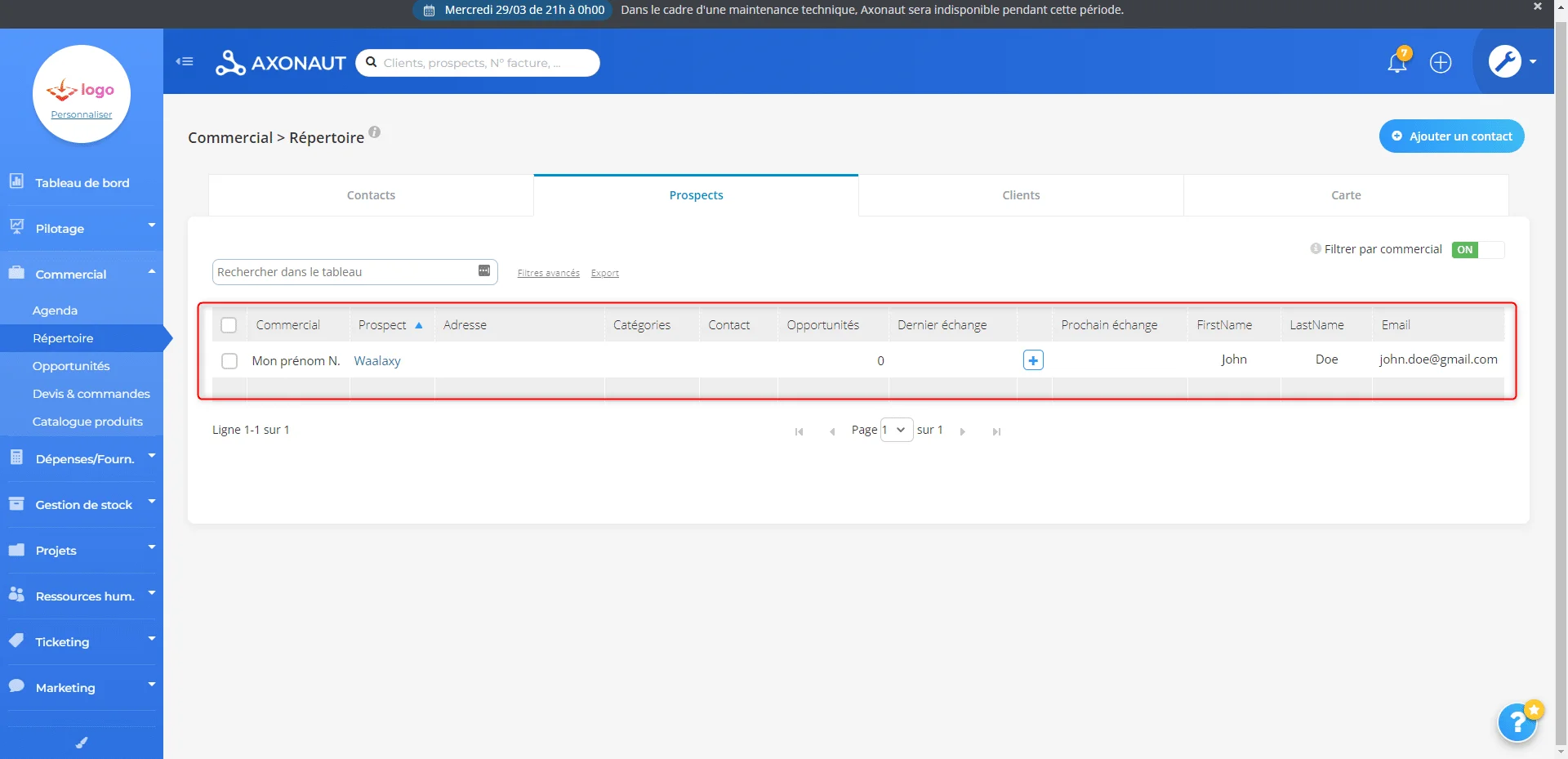 Interface de recherche de projets Axonault avec filtres commercial, projet et adresse