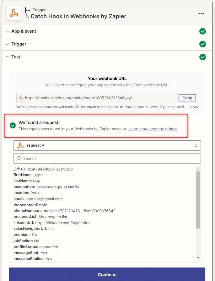 Webhook Zapier reçu pour John Doe chez Netflix