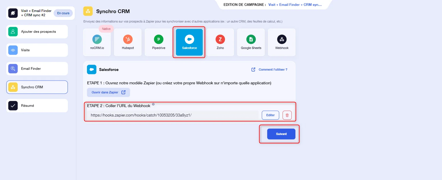 Formulaire de connexion Synchro CRM avec champ d'URL du Warehouse en rouge