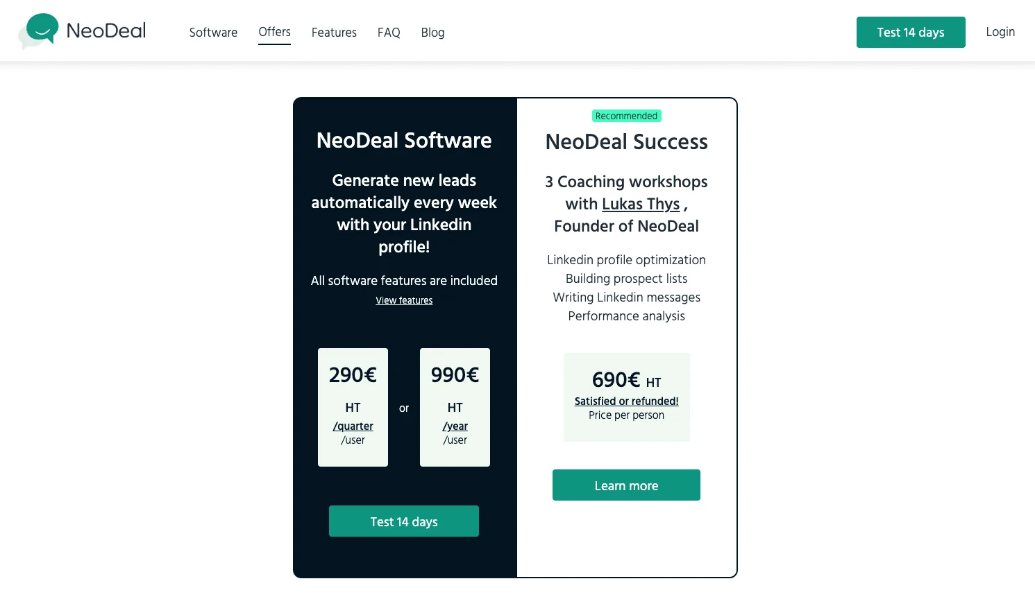Offre NeoDeal : coaching LinkedIn et logiciel, 290€ ou 990€ HT