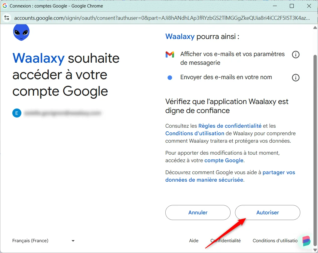 Page Google sign-in pour Waalaxy autorisation d'accès à compte. Bouton "Autoriser" en bas.
