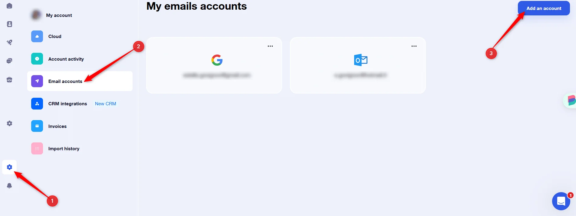 Gestion des comptes e-mail avec options pour ajouter un compte