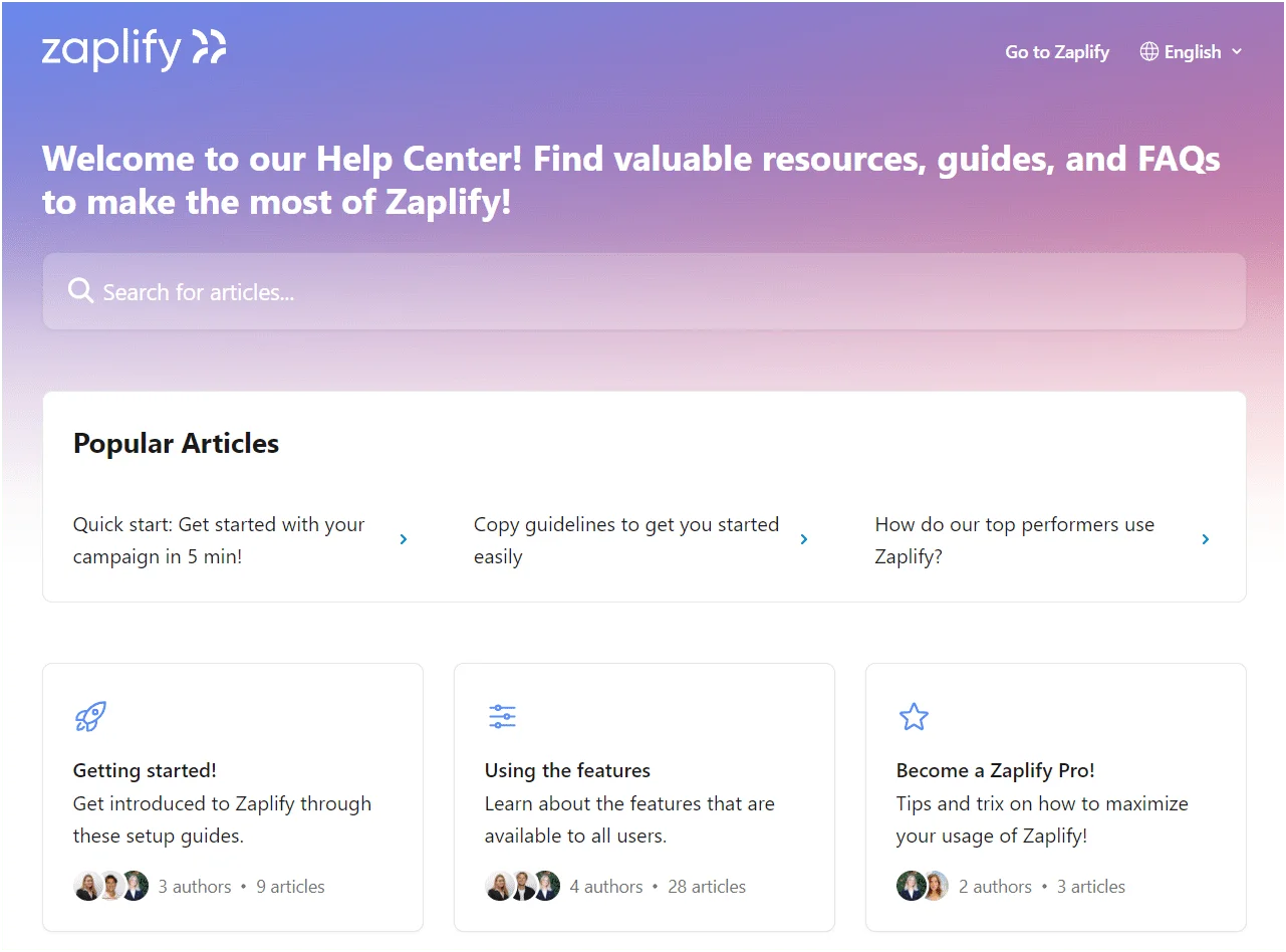Page accueil centre aide Zaplify