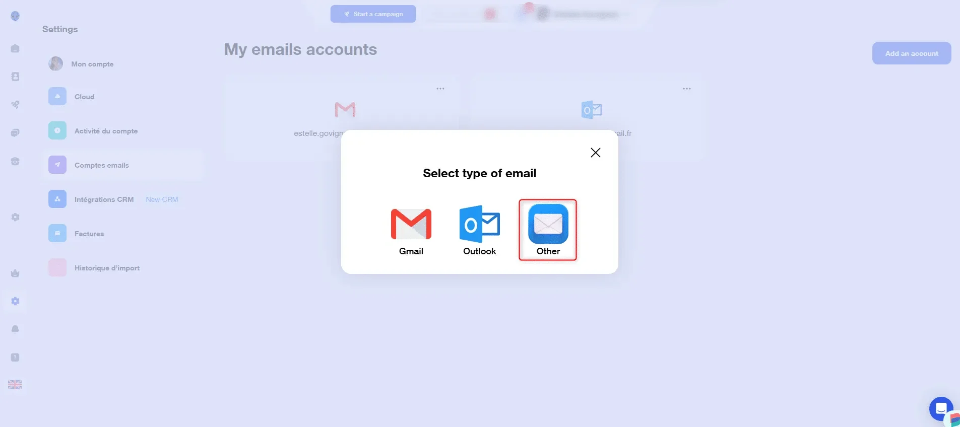 Interface d'ajout de compte email avec options Gmail, Outlook et Other.