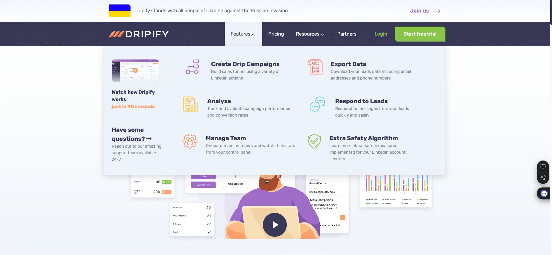 Waalaxy VS Dripify : The Dripify features, highlighted on their site.